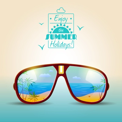 Summer holidays poster with sunglasses with sea beach in reflection vector illustration