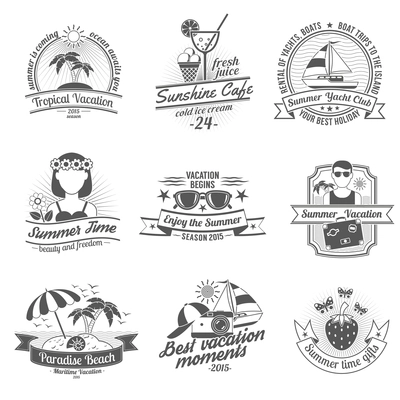 Summer time and vacation with beaches cafes and yacht club black white labels set flat isolated vector illustration