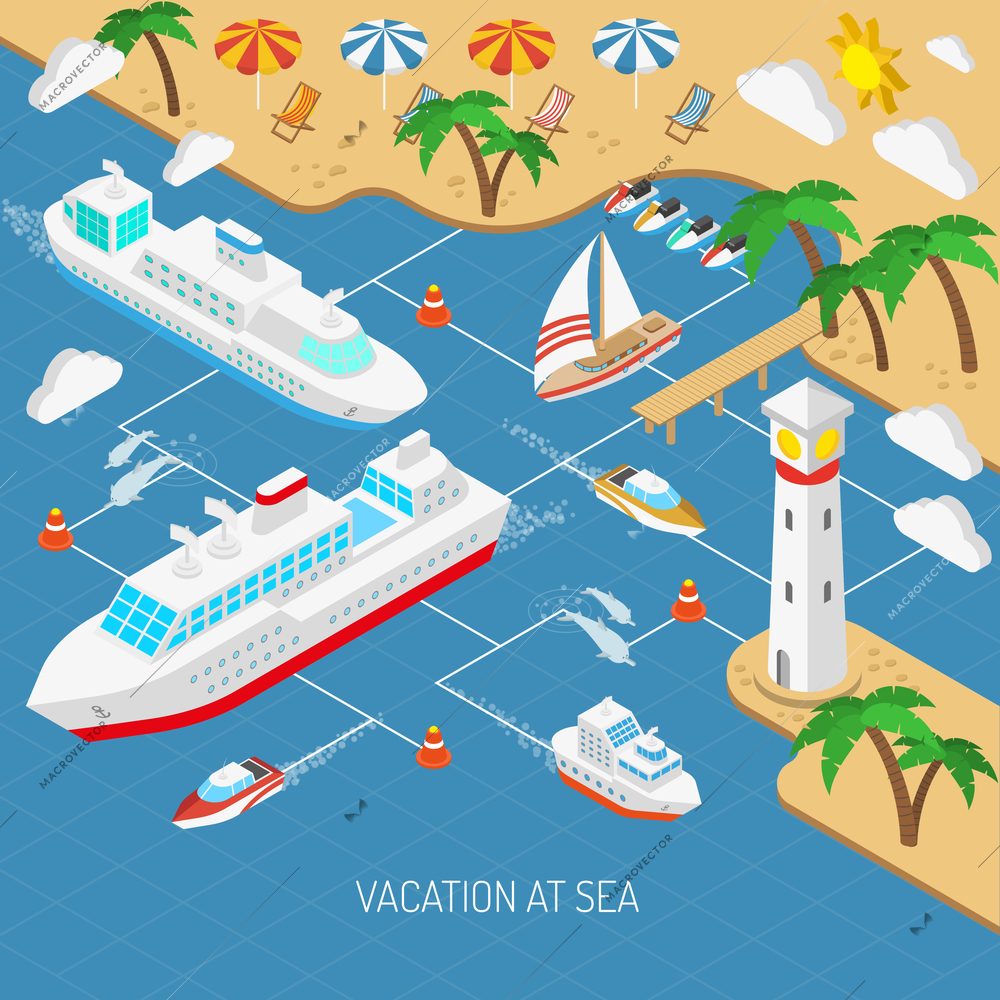 Sea vacation and ships with beach umbrellas chaise lounges and palms isometric concept vector illustration