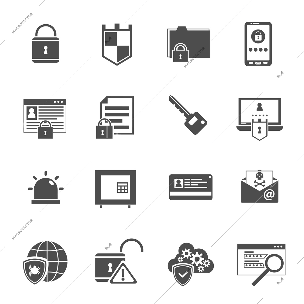 Computer security antivirus shield software black icons set with lock and key symbols abstract isolated vector illustration