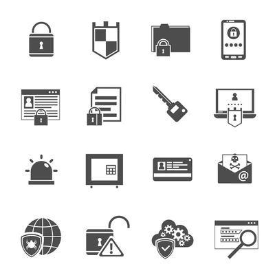 Computer security antivirus shield software black icons set with lock and key symbols abstract isolated vector illustration