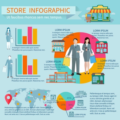 Stores buildings  and shopping infographic set with figures percentage and diagrams flat vector illustration