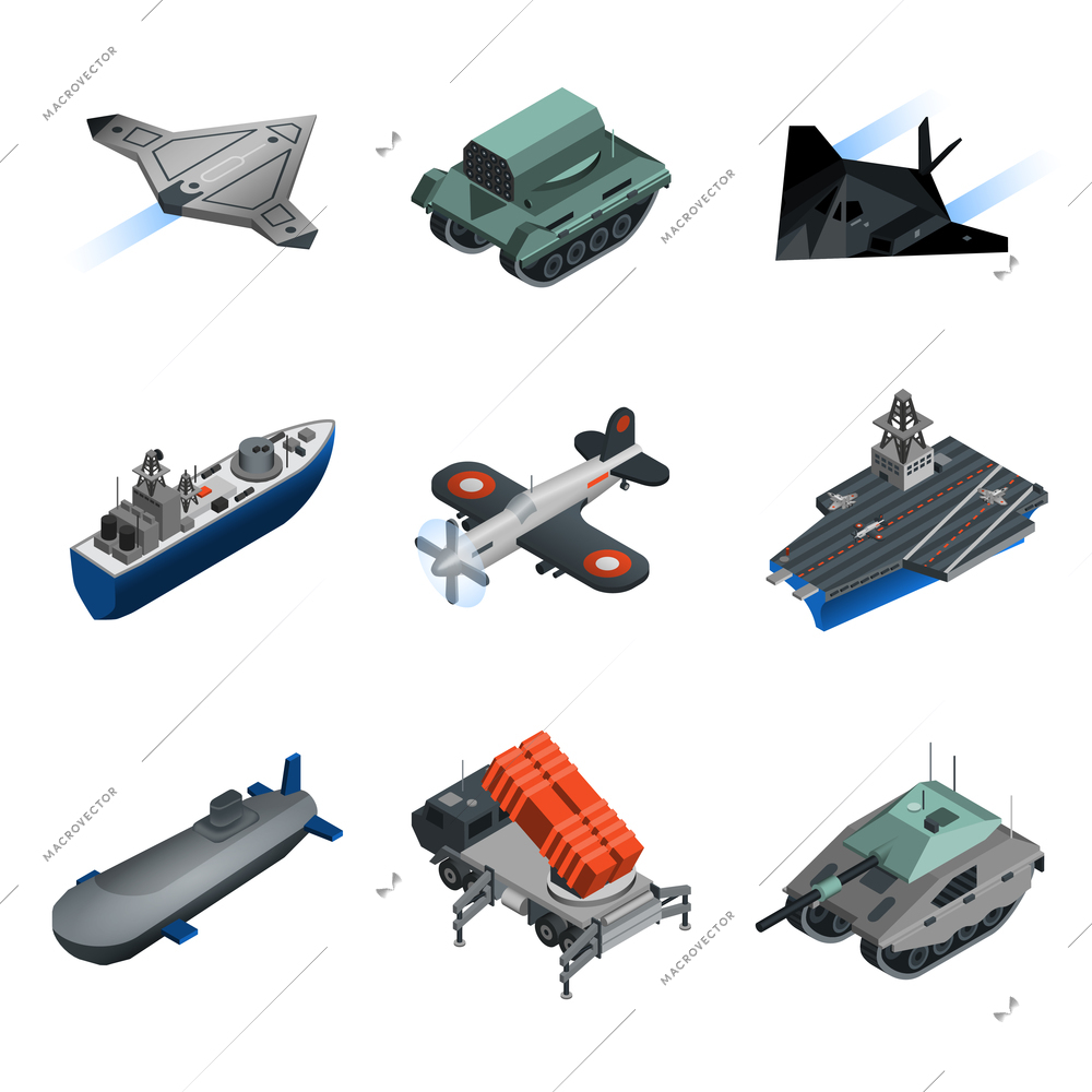 Military equipment isometric icons set with submarine fighter aircraft tank isolated vector illustration