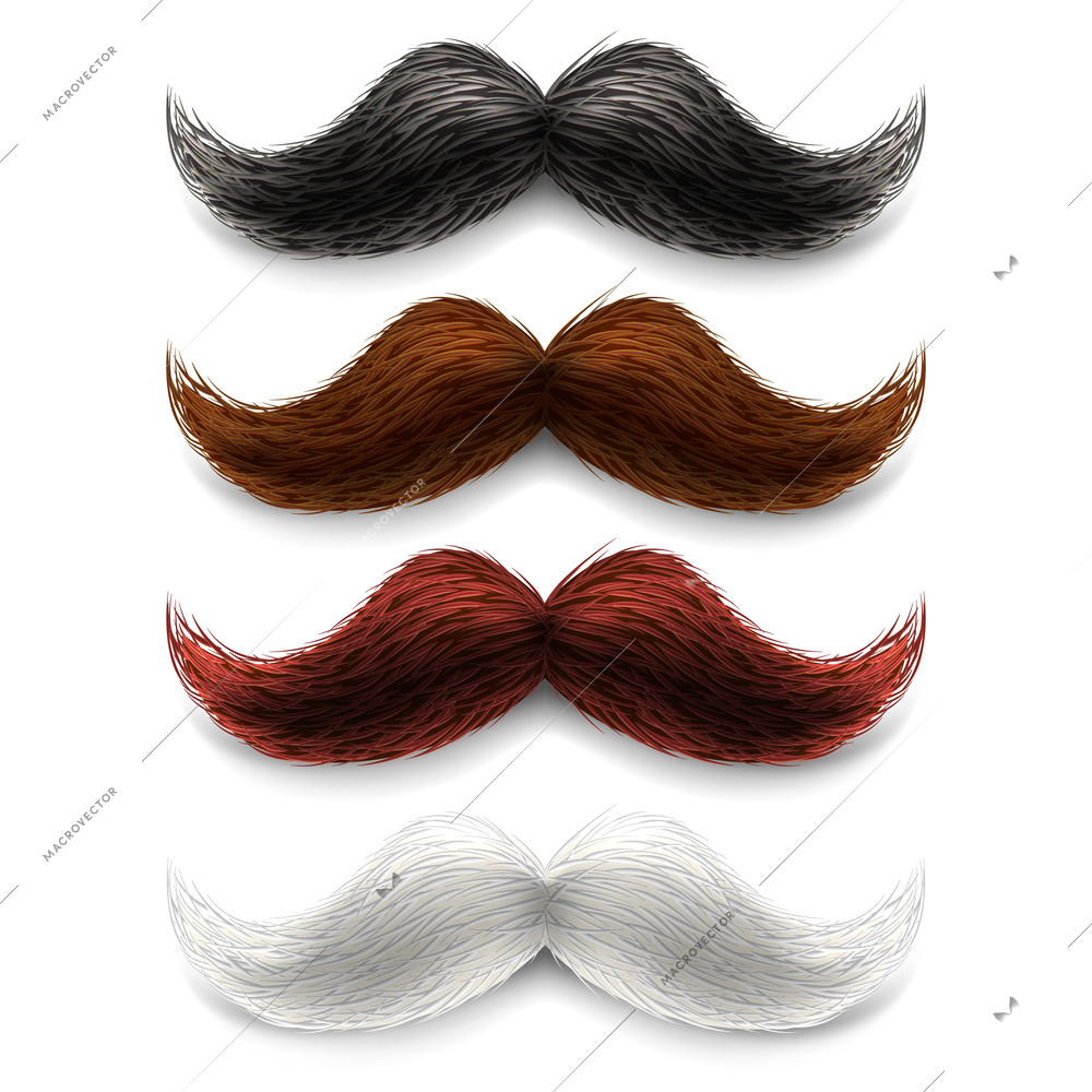 Old fashion upper lip long wax groomed and trimmed fake moustaches different color set abstract vector illustration