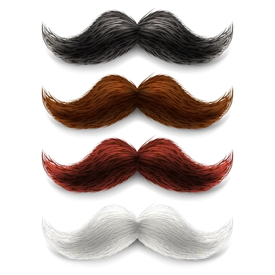 Old fashion upper lip long wax groomed and trimmed fake moustaches different color set abstract vector illustration