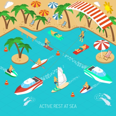 Active rest at sea and beach vacation with umbrellas and chaise lounges isometric concept vector illustration