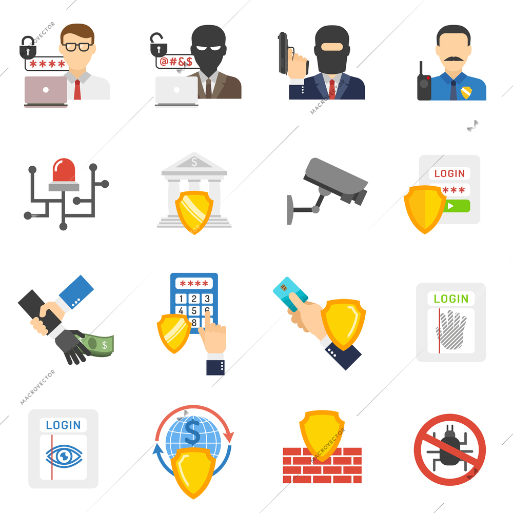 Internet banking system safety flat icons set with virus and hackers detecting software abstract isolated vector illustration