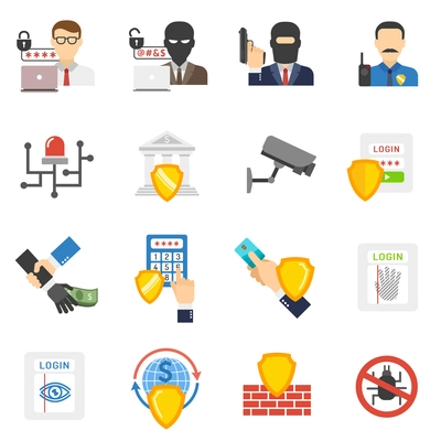 Internet banking system safety flat icons set with virus and hackers detecting software abstract isolated vector illustration