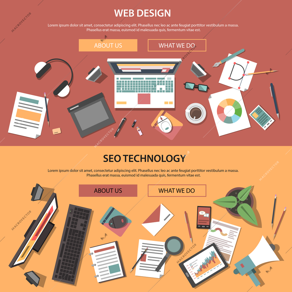 Web horizontal banners set with seo technology flat elements isolated vector illustration