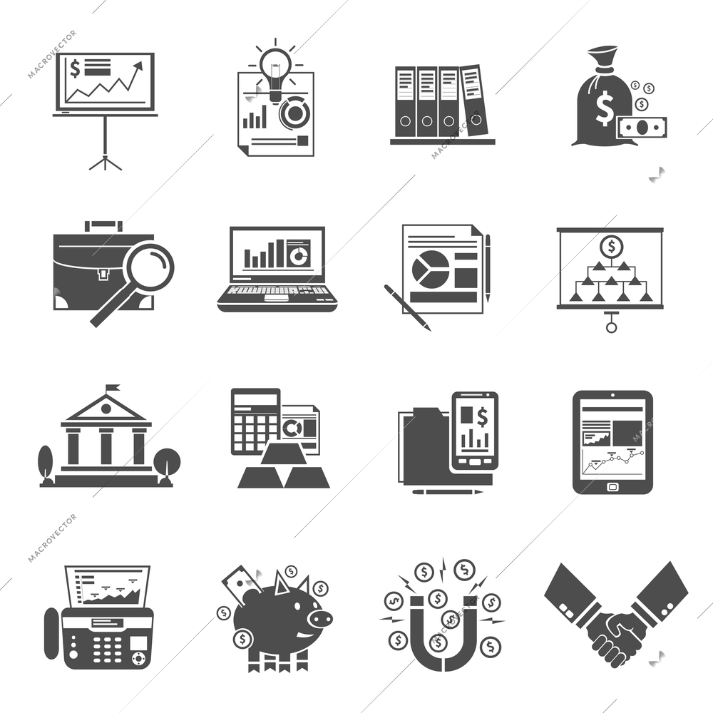 Finance and commerce icon flat black set isolated vector illustration