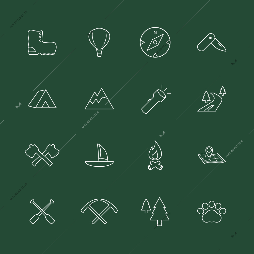 Outdoors tourism camping internet website elements of fire camp axe and boots isolated vector illustration