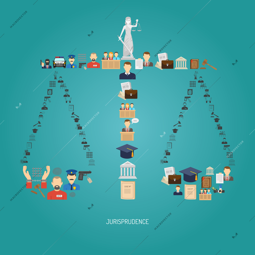 Justice concept with law icons in scales shape flat vector illustration