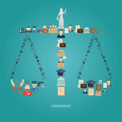 Justice concept with law icons in scales shape flat vector illustration