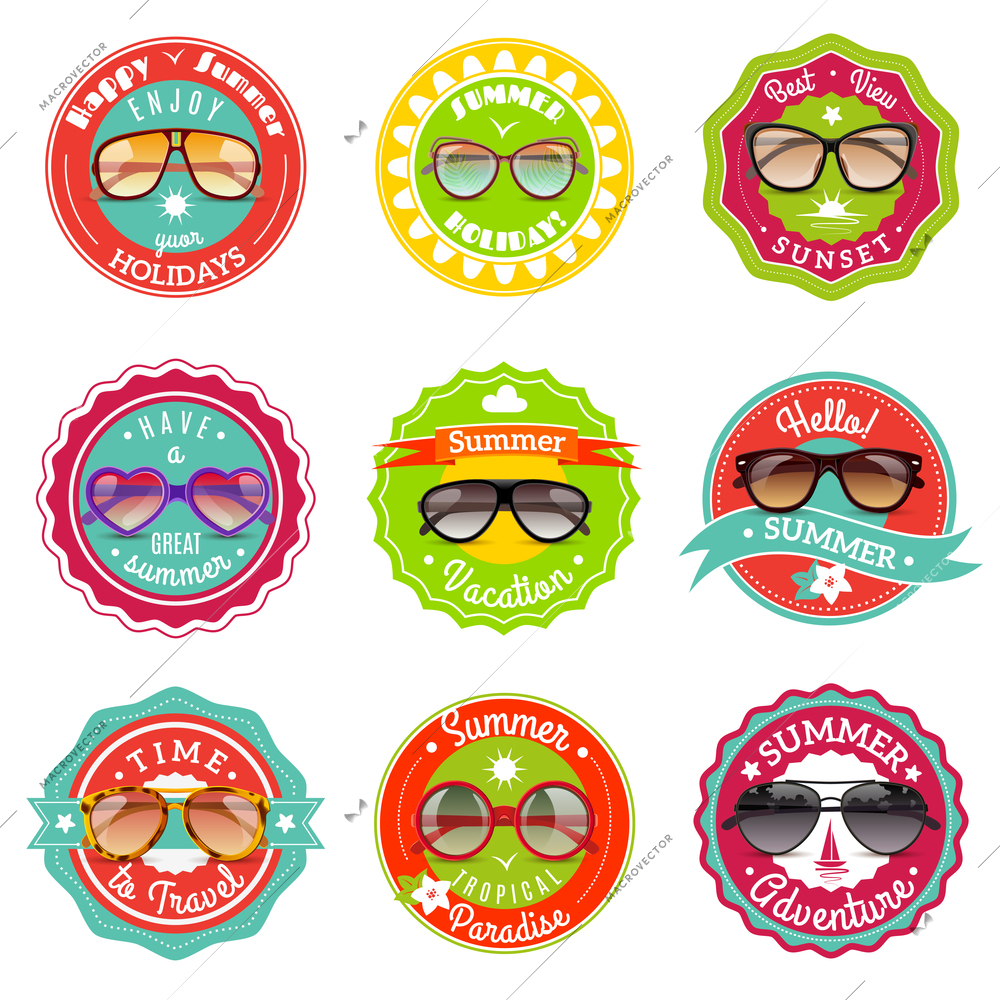 Round and cat eye style sun glasses seasonal summer sale labels stickers set abstract vector isolated illustration