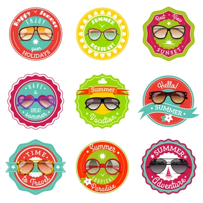 Round and cat eye style sun glasses seasonal summer sale labels stickers set abstract vector isolated illustration