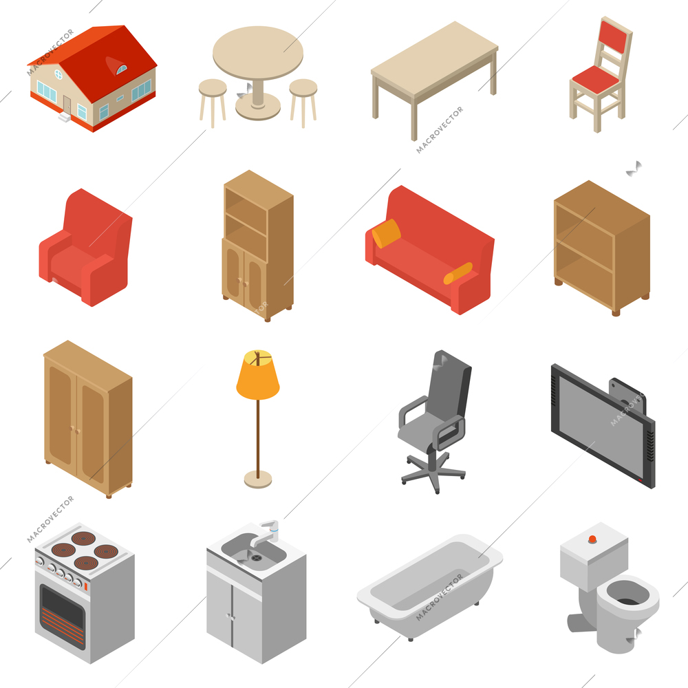 Interior isometric icons set with 3d bookshelf couch chair isolated vector illustration