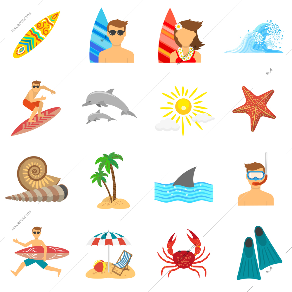 Surfing icons flat set with board beach and snorkeling isolated vector illustration