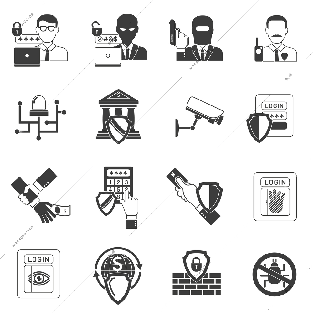 Internet banking secure operations black icons set with detecting  hackers malware software shield abstract isolated vector illustration