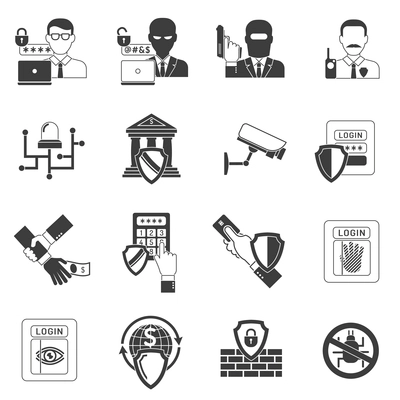 Internet banking secure operations black icons set with detecting  hackers malware software shield abstract isolated vector illustration