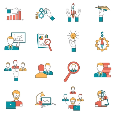 Business with startup ideas realization and team icons set flat isolated vector illustration