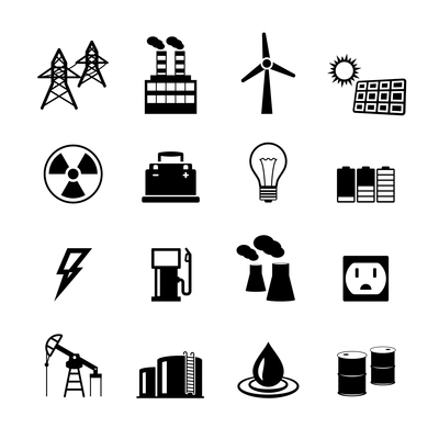 Energy power pictograms collection of light bulb electric battery and fossil fuels isolated vector illustration