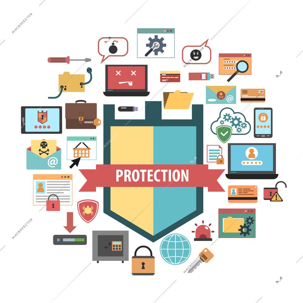 Computer virus protection shield and malware removal software security concept banner flat icons composition abstract vector illustration