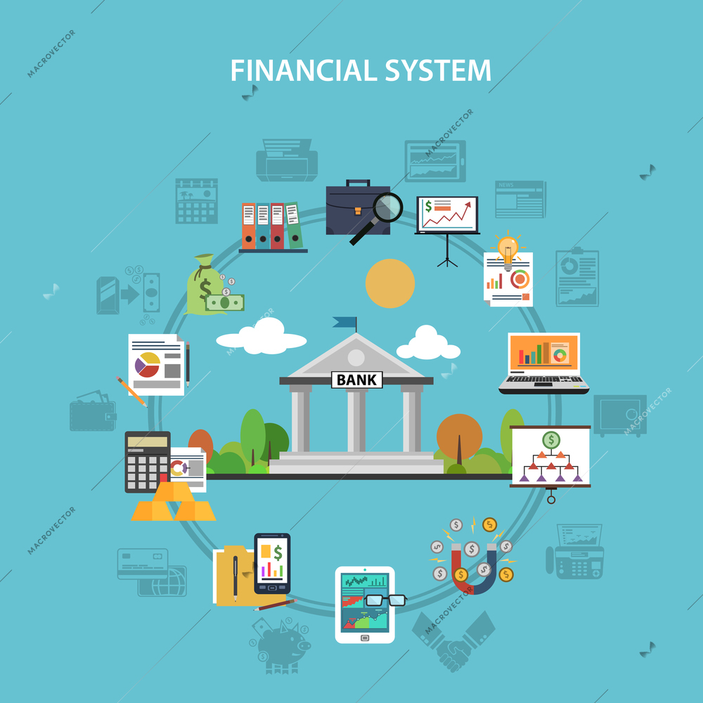 Finance system concept with bank and investment flat icons vector illustration