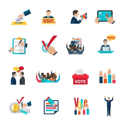 Elections with voting debates and agitation icons set flat isolated vector illustration