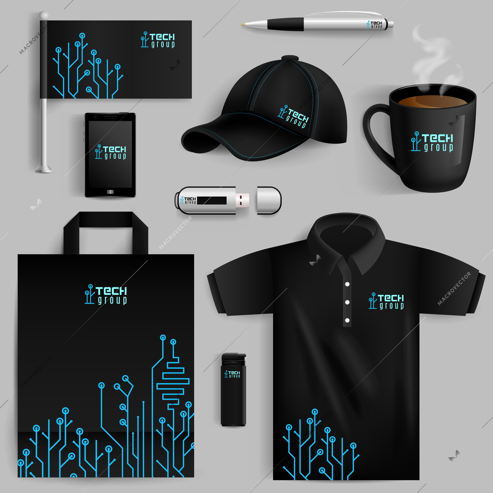 Corporate identity objects set with smartphone lighter cup with technology pattern isolated vector illustration