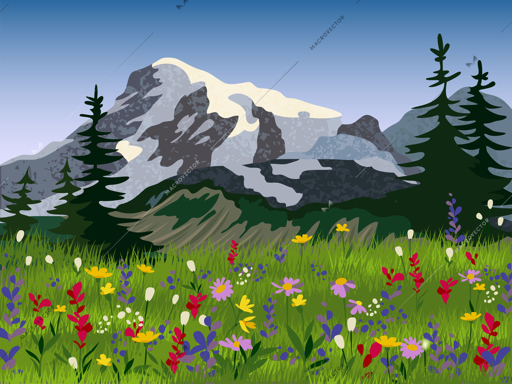 Quality seasonal landscape wallpaper summer meadow with mountain range icy peaks background print picturesque abstract vector illustration