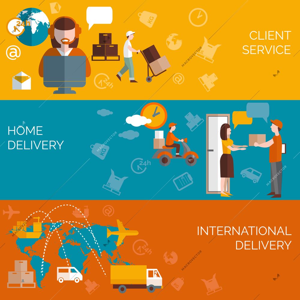 Worldwide logistic home package delivery clients service concept 3 flat horizontal banners composition abstract isolated vector illustration