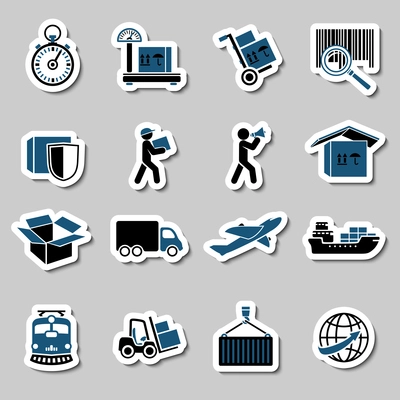 Logistic transportation services stickers collection of cargo shipping technology vector illustration