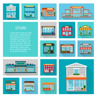 Shopping in stores buildings  with big windows and trees icons set flat shadow isolated vector illustration