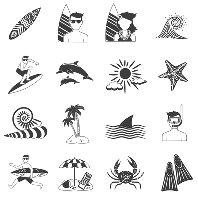 Tropic seashore surfing vacations icons black set isolated vector illustration