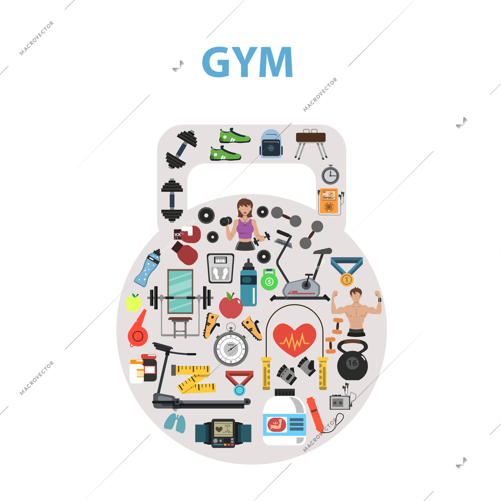 Gym concept with flat fitness icons in kettlebell shape vector illustration