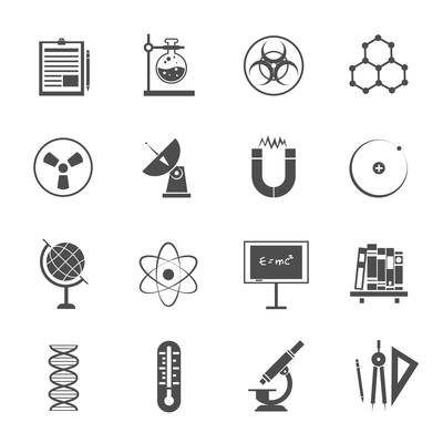 Biophysics experimental science lab research black icons set with dna molecule model pictogram abstract isolated vector illustration