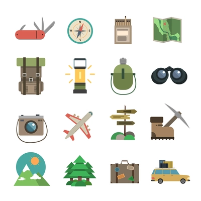 Package holiday hiking tour accessories flat icons set of compass map and camera abstract isolated vector illustration