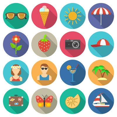 Summer vacations and traveling with sun and sea round shadow icons set flat isolated vector illustration