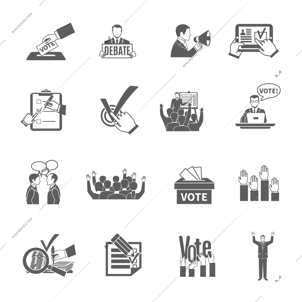 Elections and voting flat grey icons set isolated vector illustration