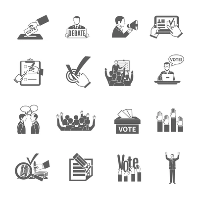 Elections and voting flat grey icons set isolated vector illustration