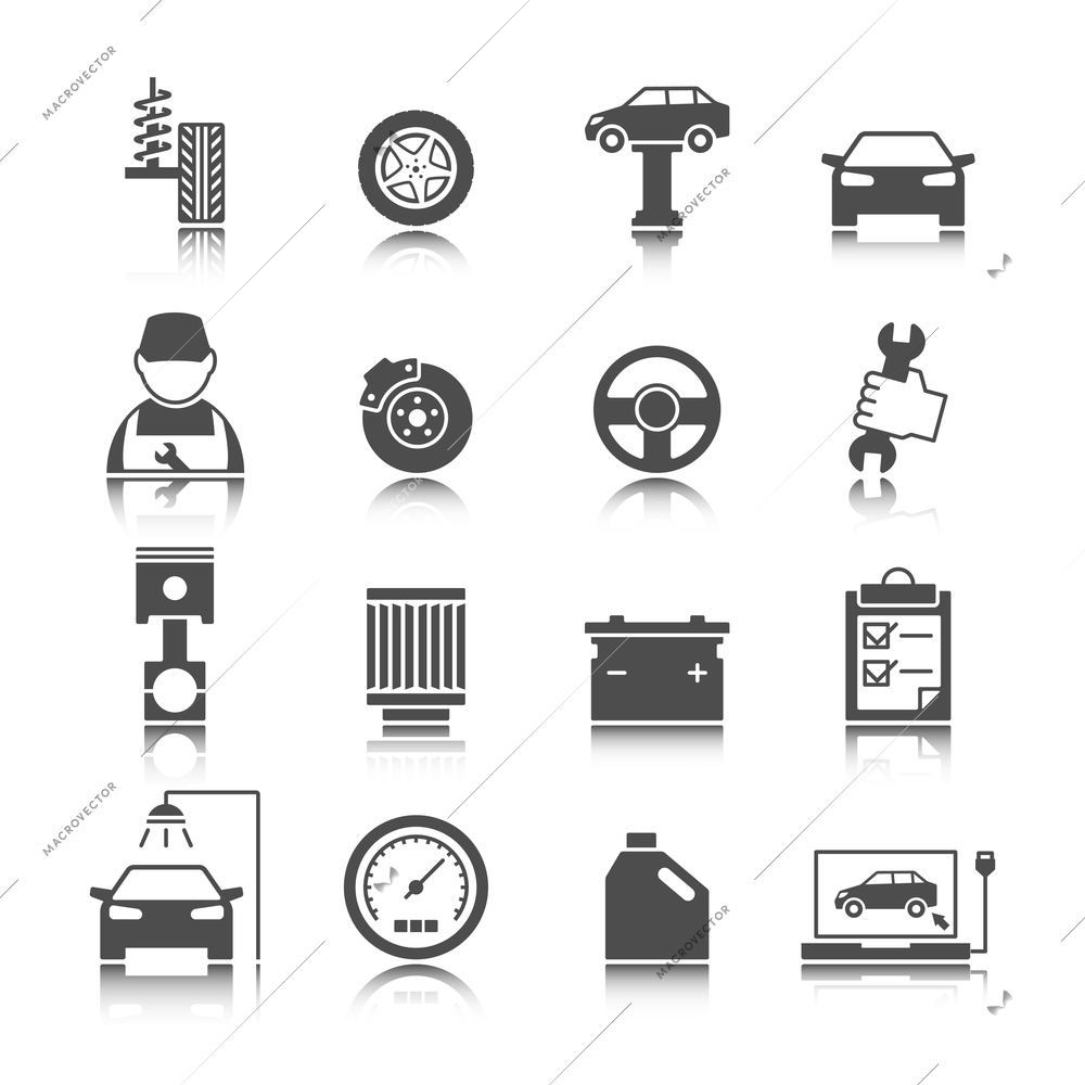 Car auto service icons set of mechanic maintenance engine repair and garage isolated vector illustration