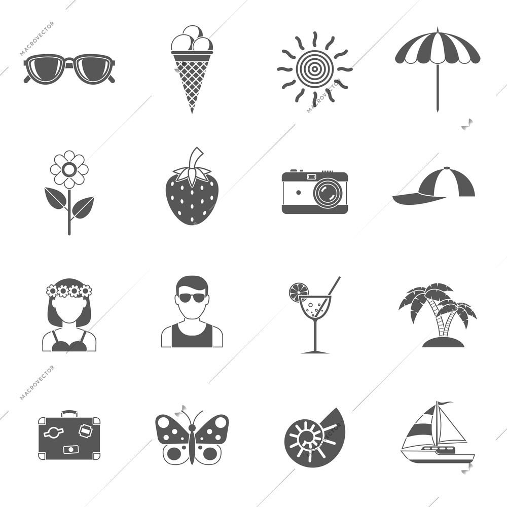 Summer traveling and rest with suitcases and camera black white icons set flat isolated vector illustration