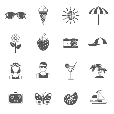 Summer traveling and rest with suitcases and camera black white icons set flat isolated vector illustration