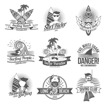 Surf and diving club black label set isolated vector illustration