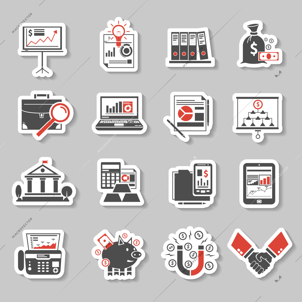 Finance analysis and money investment paper sticker set isolated vector illustration
