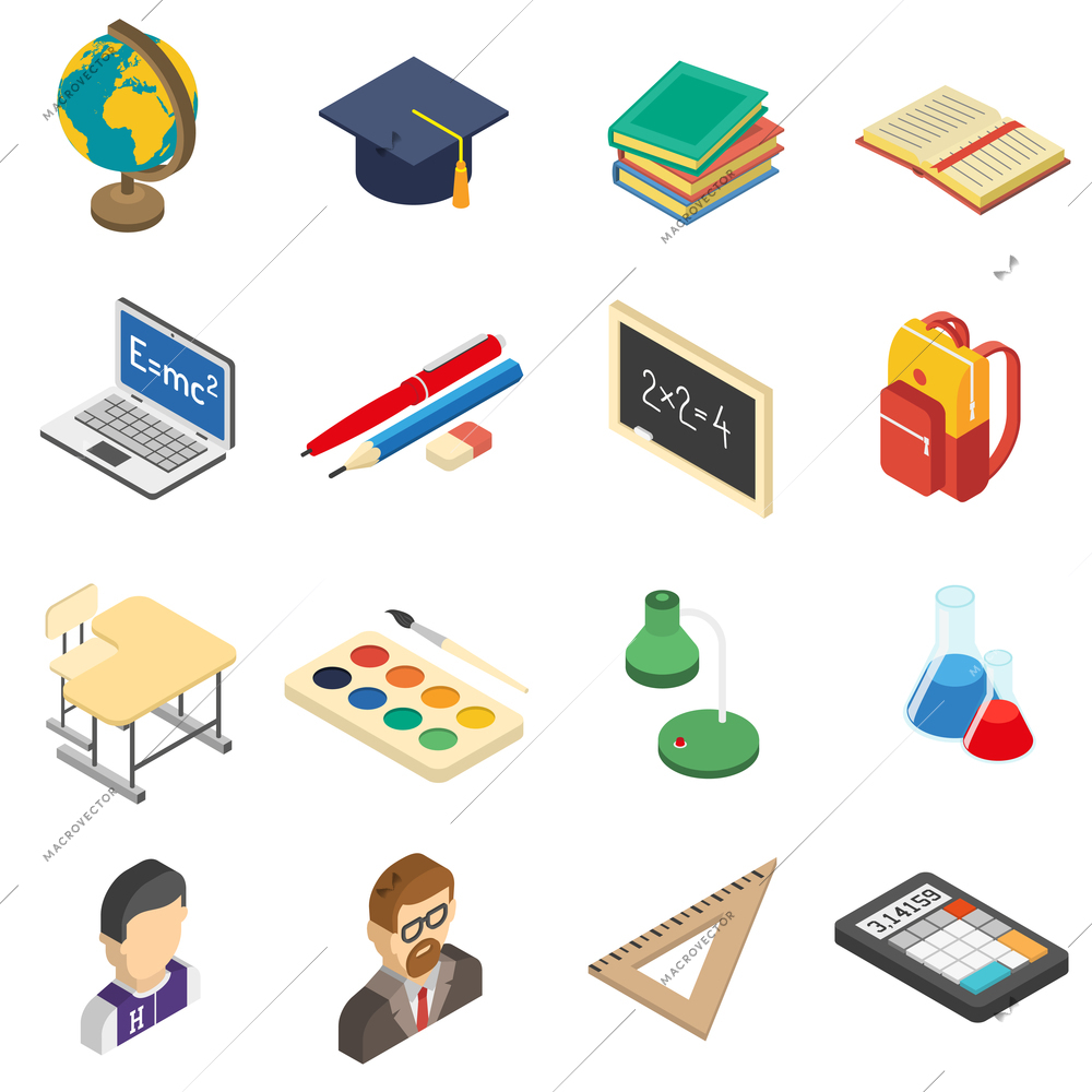 School education accessories isometric icons set with calculator and retort in chemistry lab abstract isolated vector illustration