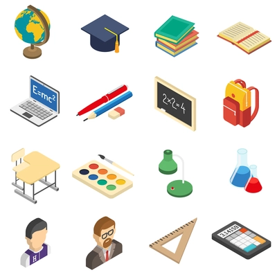 School education accessories isometric icons set with calculator and retort in chemistry lab abstract isolated vector illustration