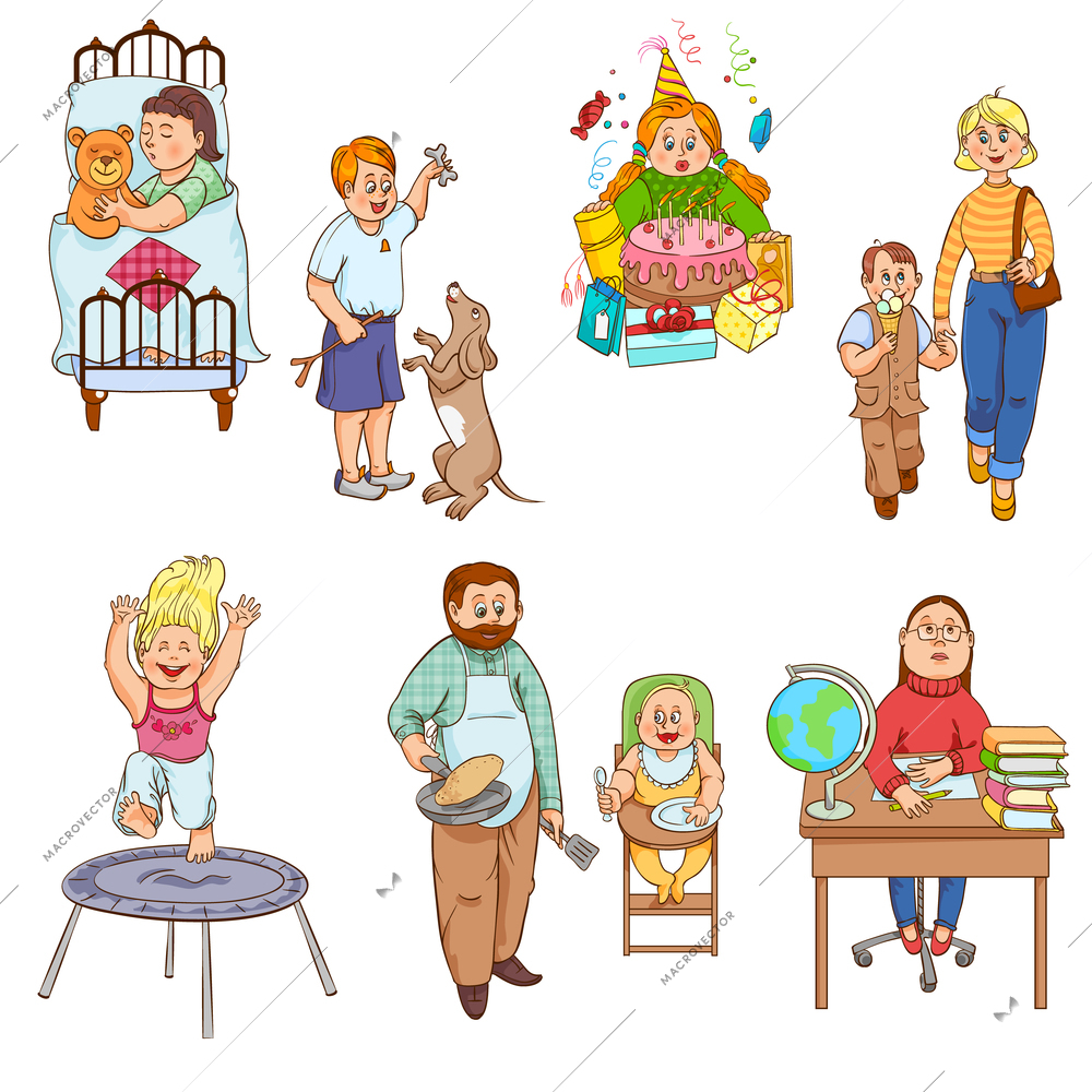 Parents caring for children and playing kids cartoon style happy family icons collection abstract isolated vector illustration