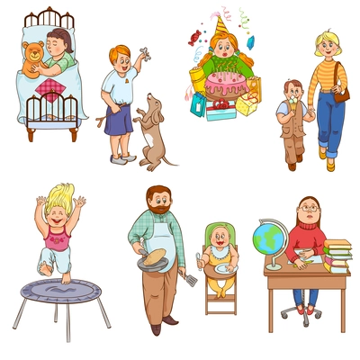 Parents caring for children and playing kids cartoon style happy family icons collection abstract isolated vector illustration