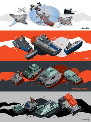 Military equipment horizontal banners set with isometric aviation fleet artillery elements isolated vector illustration